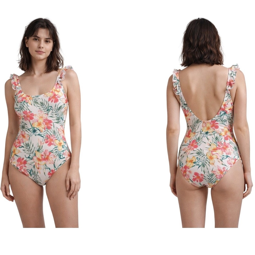 Coco Rave One Piece Swimsuit Women M Multicolor Tropical Floral Ruffle Trim